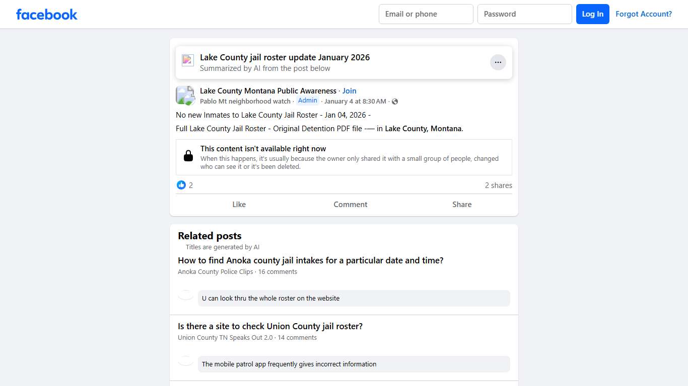 Lake County Montana Public Awareness No new Inmates to Lake County Jail Roster - Jan 04, 2026 - Facebook